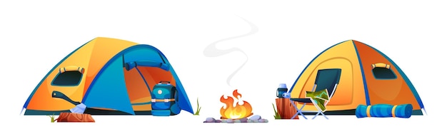 Camping campfire tents bonfire and tourist travel equipment isolated icons vector campsite with