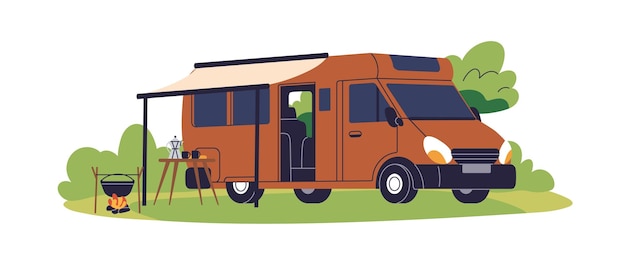 camping car travel van rv motorhome with tent recreational camper vehicle with shelter in nature on summer holiday outdoor vacation flat vector illustration isolated on white background