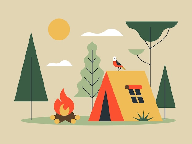 Vector camping cartoon boslandschap met bomen tent kampvuur wolken met zon vector