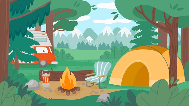 Camping cartoon forest Tourist campground with campfire cooking pot trailer and summer landscape Vector camp scenery illustration