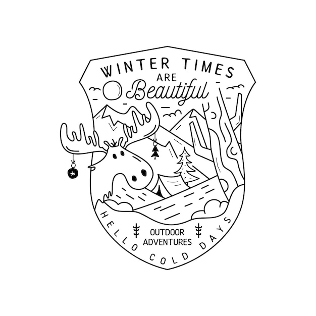 Design del badge natalizio da campeggio con cervi in montagna in stile art line e citazione gli orari invernali sono bellissimi grafica del logo di viaggio etichetta vettoriale stock