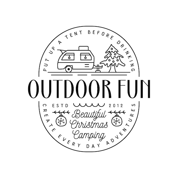Camping christmas badge design with RV trailer in line art style and quote Outdoor fun Travel logo graphics Stock vector label