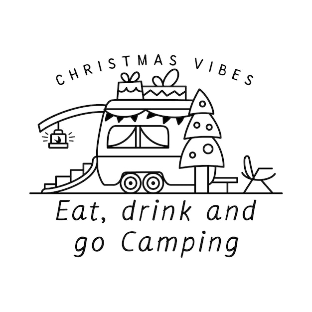 Camping christmas badge in line art style travel adventure label with winter landscape holidays elem