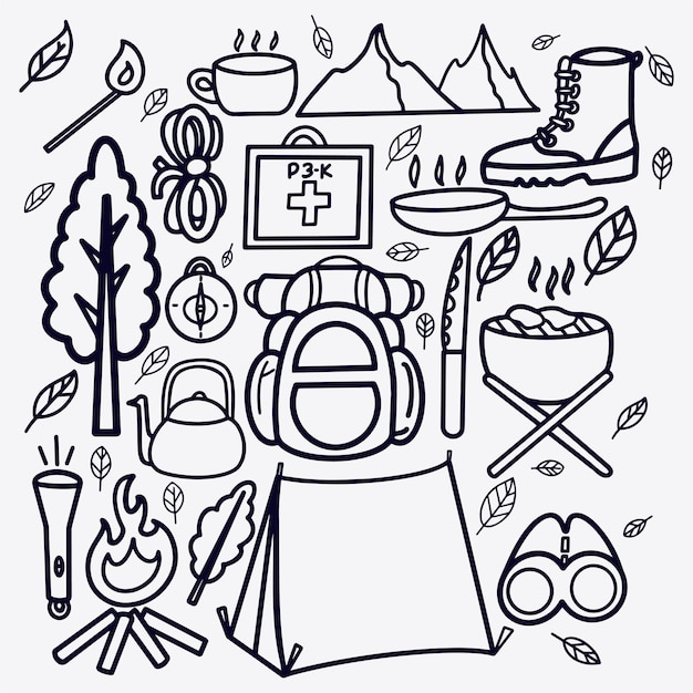 Vector camping and climb icons hand drawn doodle vector