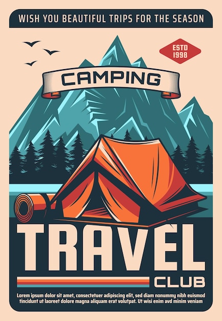 Vector camping club trip outdoor recreation retro poster