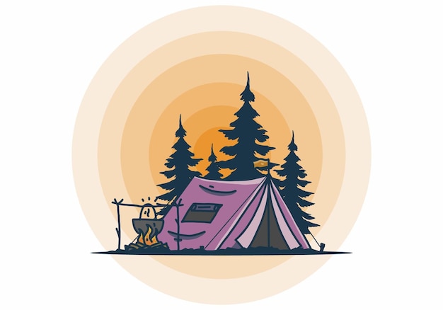 Camping and cooking in nature illustration