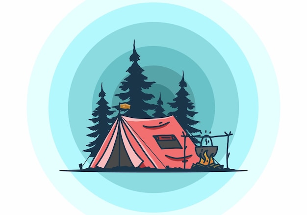 Camping and cooking in nature illustration