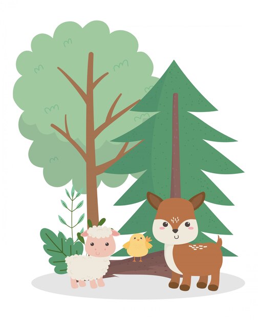 Campeggio carino cervo pecora e pollo tronco foresta di alberi dei cartoni animati