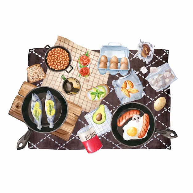 Camping dinner flat lay illustration watercolor vector
clipart