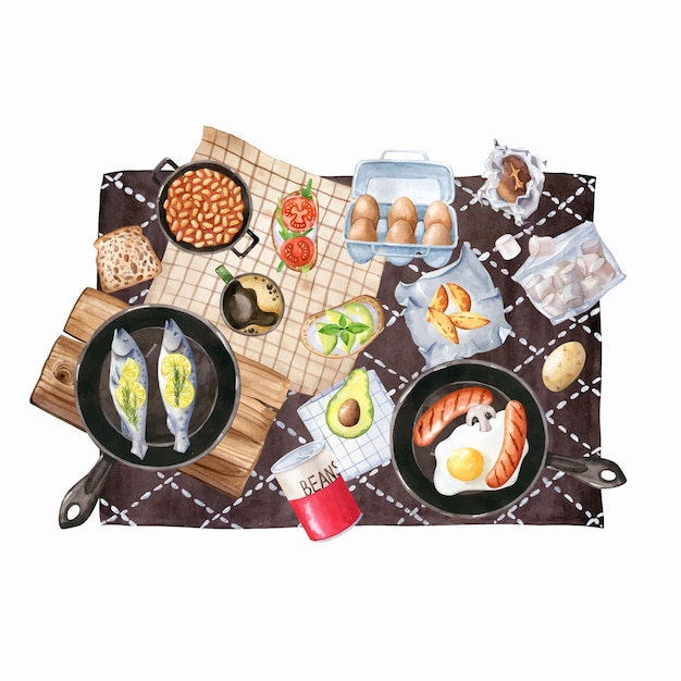 Vector camping dinner flat lay illustration watercolor vector clipart