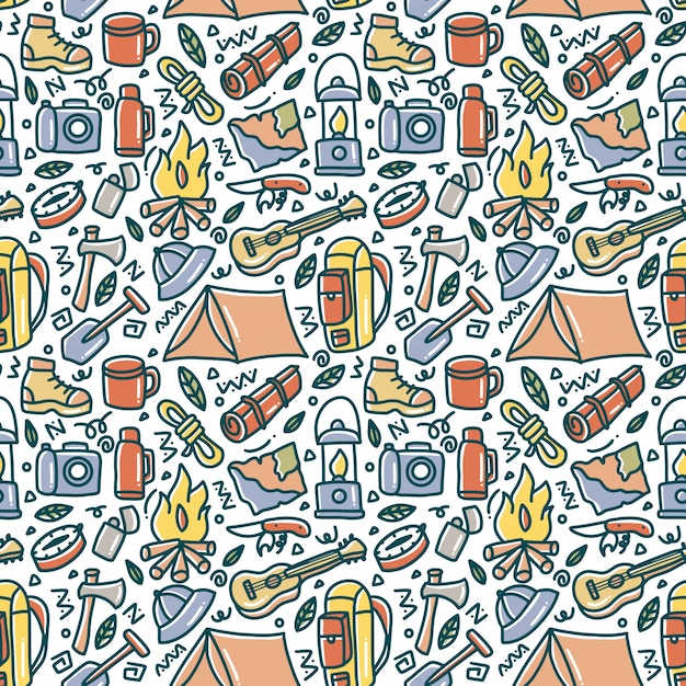 Vector camping doodle element seamless pattern