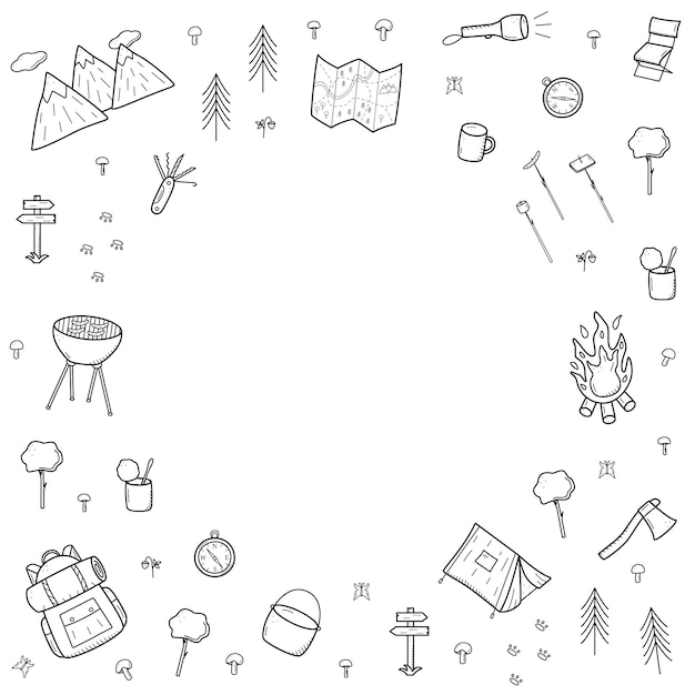 Camping doodle icons set Vector illustration of hiking elements Isolated on white sketch hiking logo concept