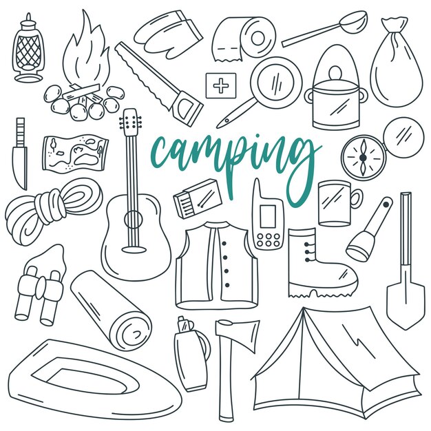 Camping doodle set  Hiking clipart. Collection items