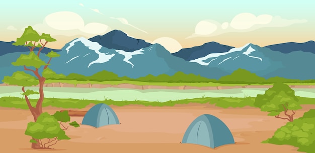 Camping egale kleur. Wilde oever. Recreatie in de natuur. Actieve zomertijd. Wandelreis. Tenten 2D cartoon landschap met rotsachtige bergen op de achtergrond