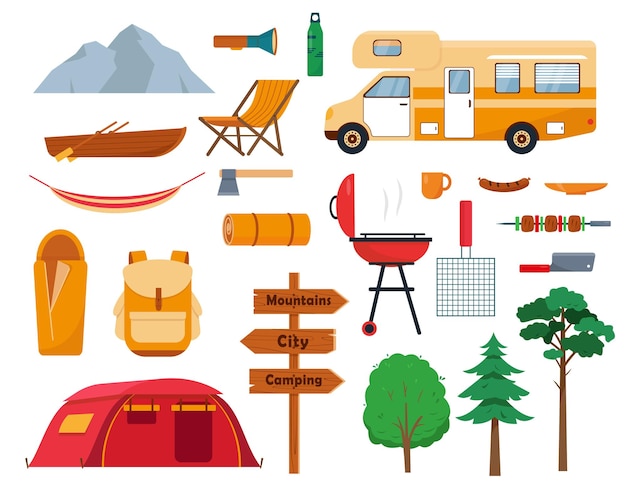 Camping elementen apparatuur pictogrammen instellen toerisme concept