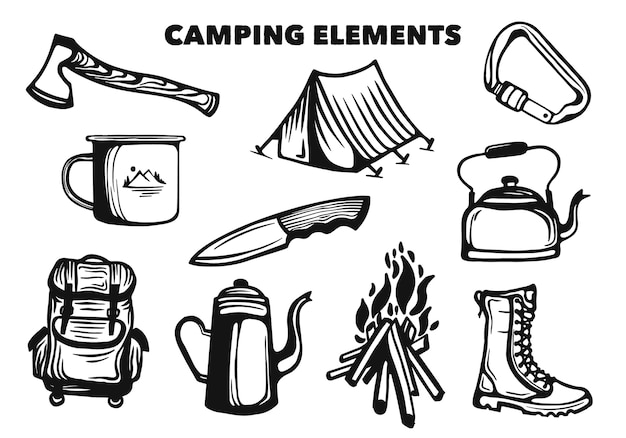 キャンプ要素とハイキングツールセットコレクション