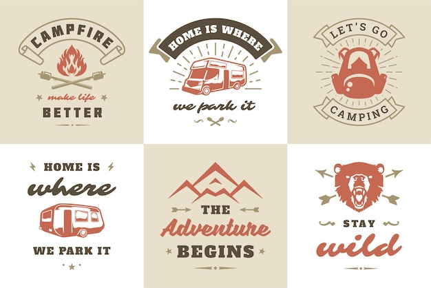 Camping en outdoor avontuur citaten en gezegden typografie set vectorillustratie