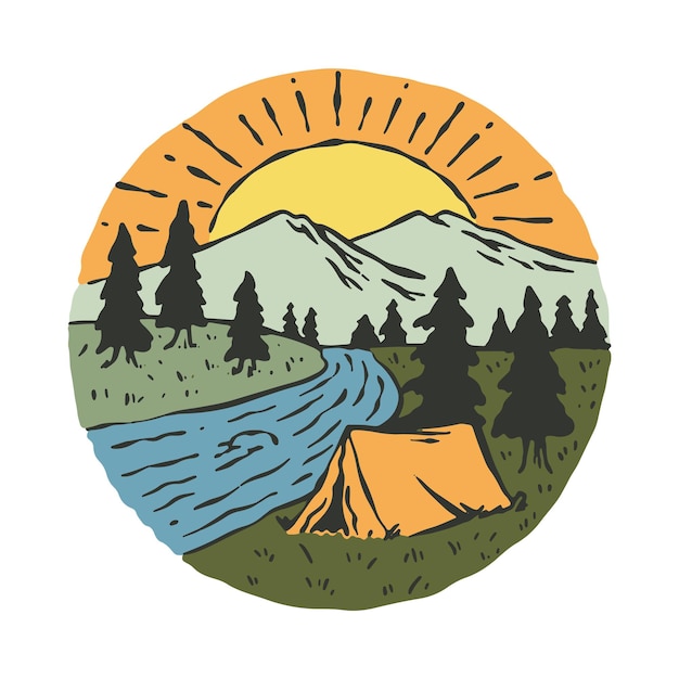 Camping en zonsopgang grafische illustratie vector kunst tshirt ontwerp