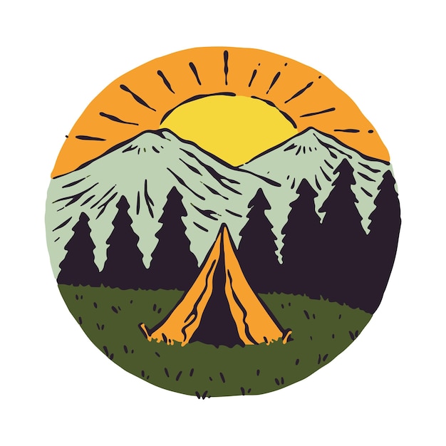 Camping en zonsopgang grafische illustratie vector kunst tshirt ontwerp
