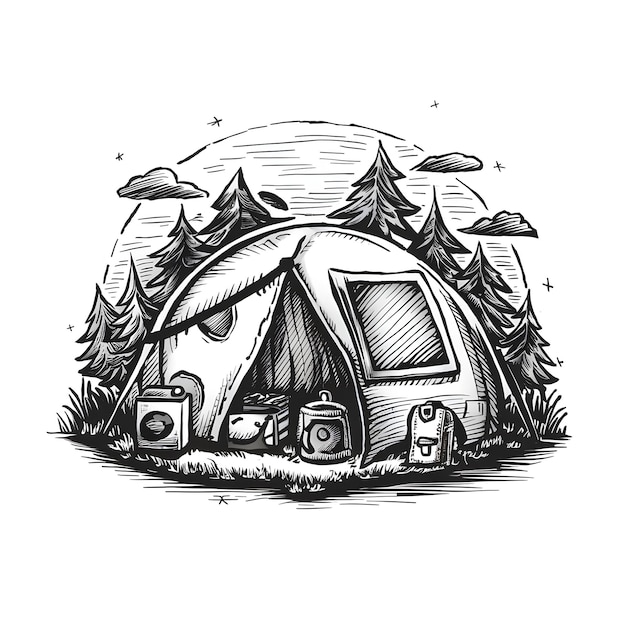 Camping engraved style ink sketch drawing black and white vector illustration