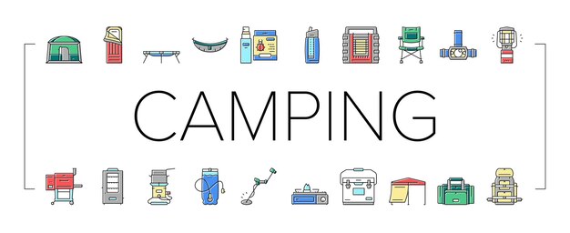 Camping equipment and accessories icons set vector