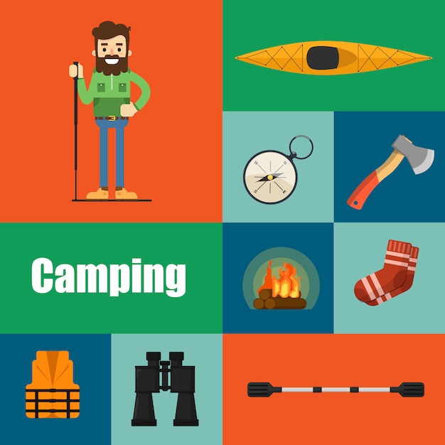 Camping equipment character and icons