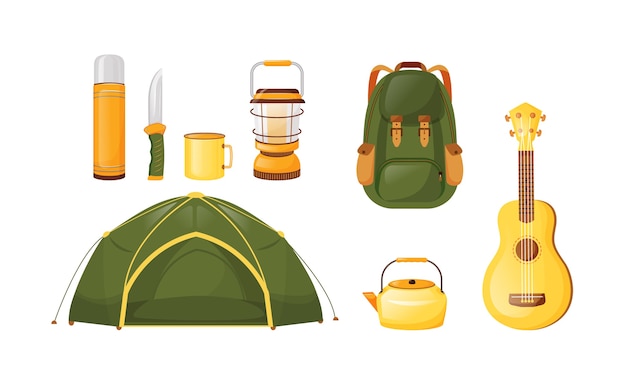 Camping equipment flat color vector objects set. local travel essentials and gear. ecotourism and backpacking. adventure checklist. 2d isolated cartoon illustration on white background