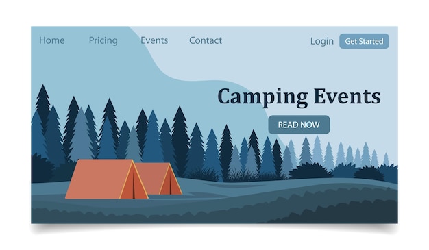 캠핑 이벤트 숲 풍경을 배경으로 한 관광 텐트 배너 템플릿 착륙