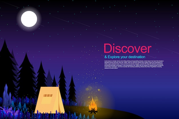 Vettore campeggio nella foresta di fantasia con notte stellata