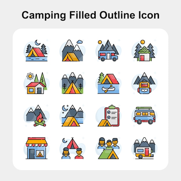 Camping filled outline icon set 01