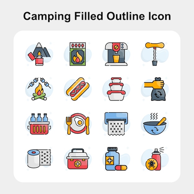 Camping filled outline icon set 03