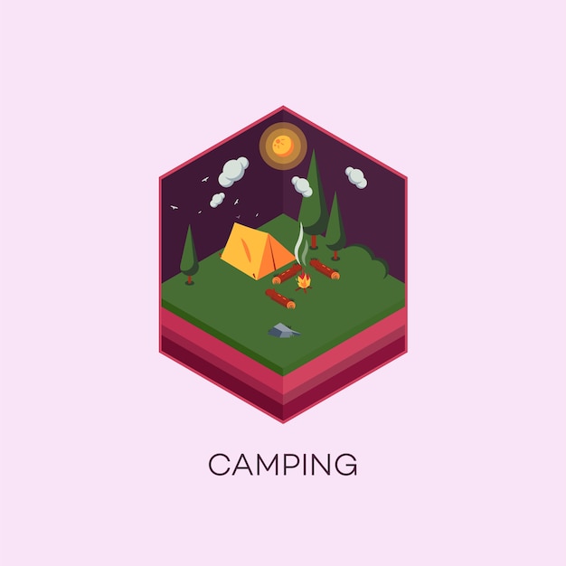 Camping Fire Isometric View Prachtige natuur landschap illustratie