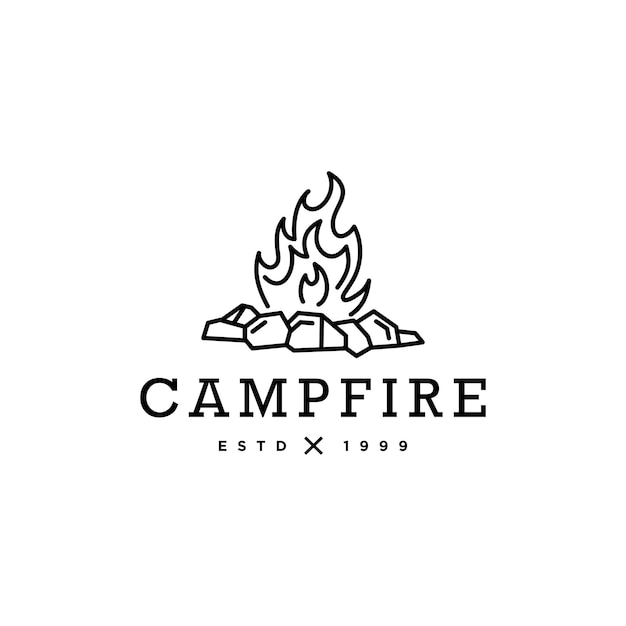 Vector camping fire logo design hot campfire logs on outline line style vector illustration