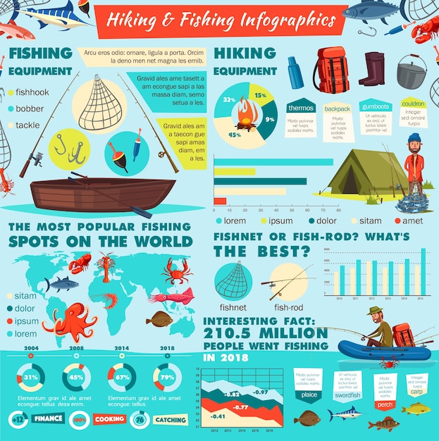 Vector camping and fishing sport infographics