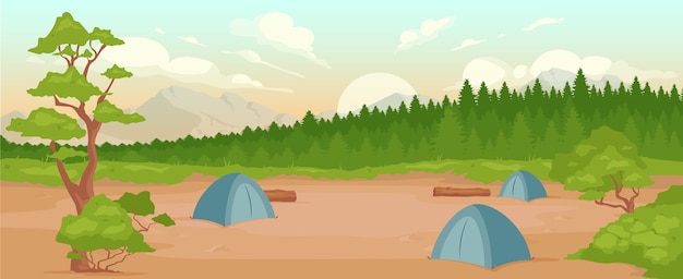 キャンプフラットカラー。自然の中でのレクリエーション。夏のアクティブレジャー。ハイキングの冒険。背景の日の出の間に森と山とキャンプ場2D漫画の風景