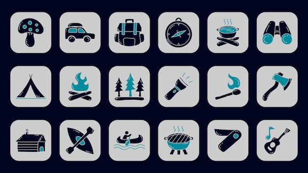 Collezioni di icone piatte di campeggio set di icone di doodle di campeggio