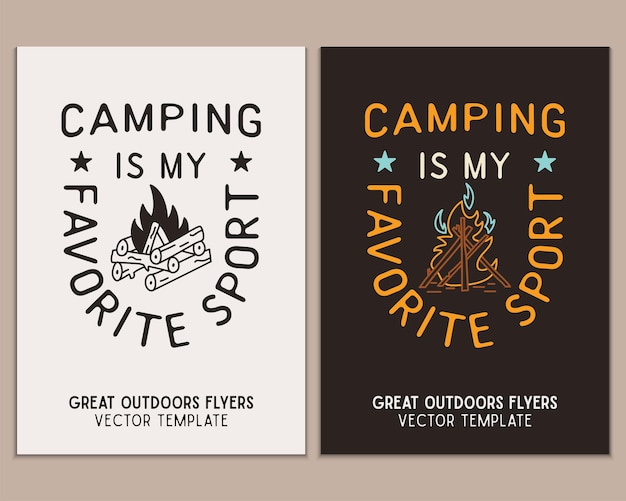 Camping flyer sjablonen Reisavontuur posters set met lijntekeningen en platte emblemen en citaten Zomer A4-kaarten voor buitenfeesten Voorraad vector