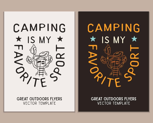 Camping flyer sjablonen Reizen avontuur posters set met lijntekeningen en platte emblemen en citaten Camping is mijn favoriete sport Zomer A4-kaarten voor buitenfeesten Stockvector