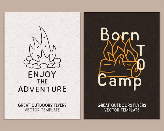 캠핑 전단지 템플릿 여행 모험 포스터는 라인 아트와 플랫 엠블럼 및 야외 파티를 위한 캠프파이어 여름 A4 카드와 함께 캠프에서 태어난 인용문으로 설정됩니다.