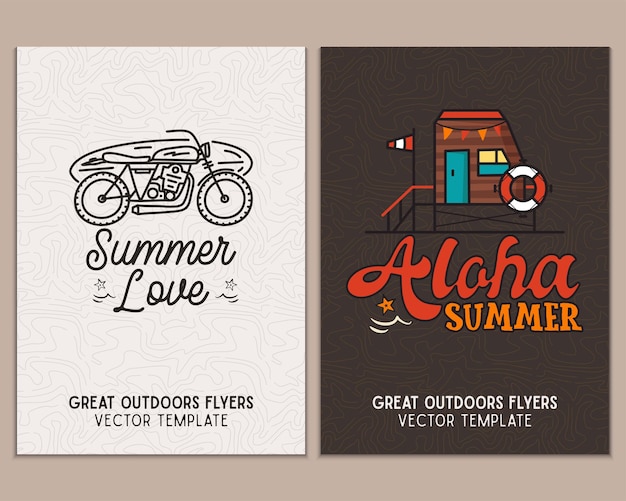 캠핑 전단지 템플릿 라인 아트와 플랫 엠블럼 및 따옴표로 설정된 여행 모험 포스터 야외 파티를 위한 여름 사랑 여름 A4 카드 스톡 벡터