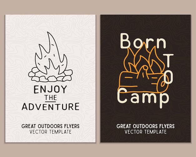 Camping flyer templates Travel adventure posters set with line art and flat emblems and quotes born to camp with campfire Summer A4 cards for outdoor parties Stock vector