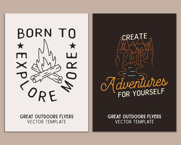 Vector camping flyer templates travel adventure posters set with line art and flat emblems and quotes born to explore more summer a4 cards for outdoor parties stock vector