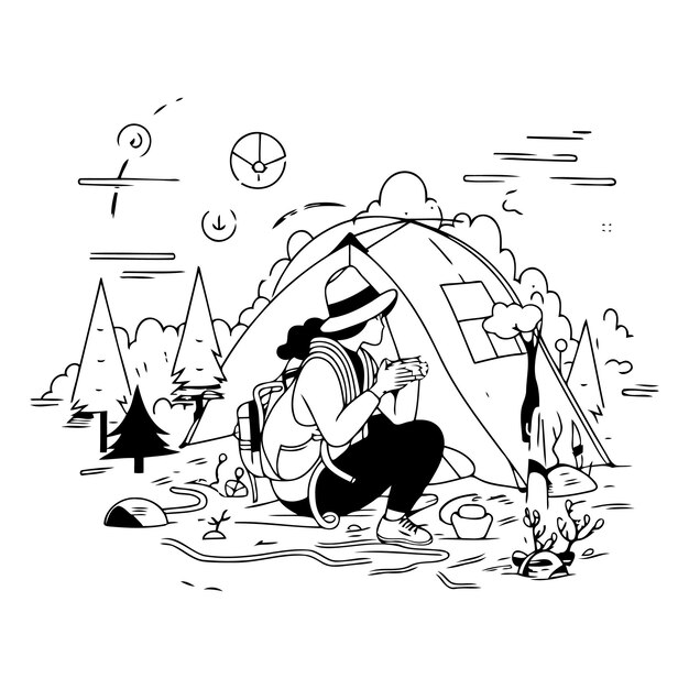 Vector camping in the forest in doodle style