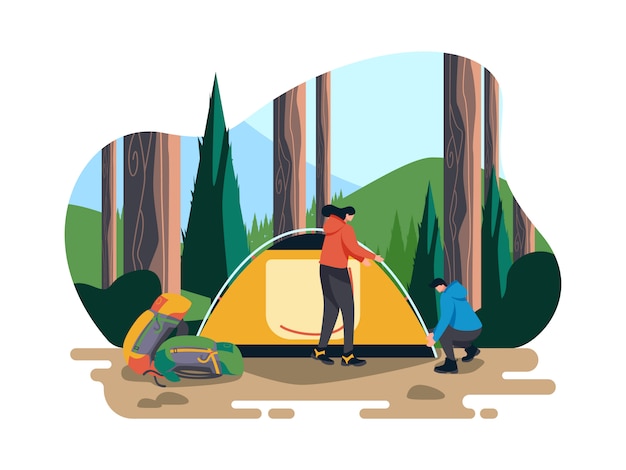 Vector camping in the forest illustration