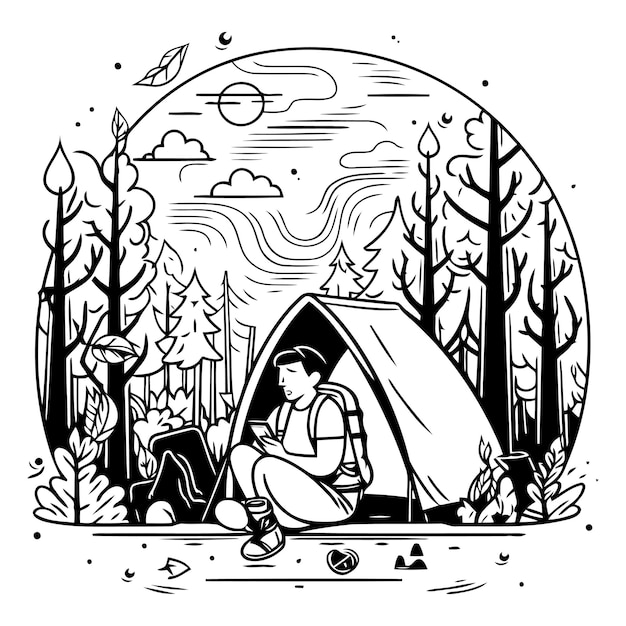 Vector camping in the forest in a linear style