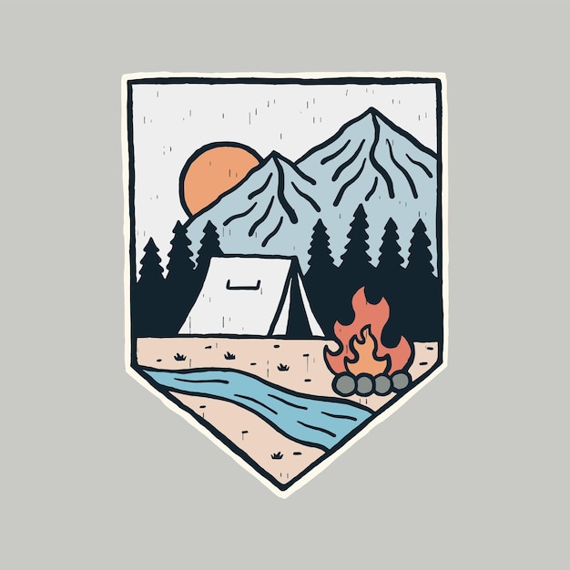 Camping on the forest near a river and warmed by bonfire design for badge sticker patch t shirt design etc