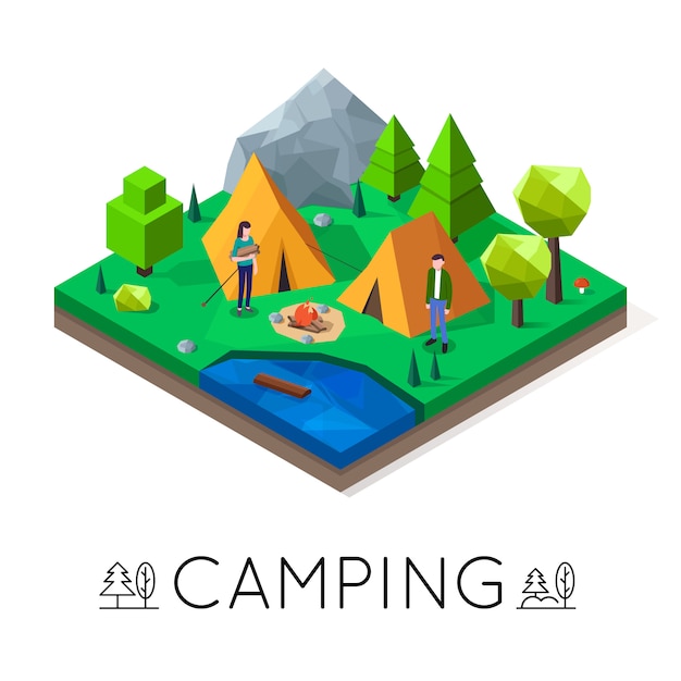 Campeggio nella foresta. attività ricreative all'aperto vicino al lago. illustrazione isometrica lowpoly 3d