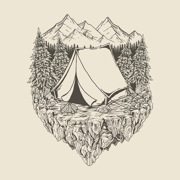 Camping in the forest and rocks premium vector
