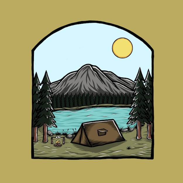 Camping In The Forest, Side Of Lake and The Mountain. Camping Adventure Into The Wild Background