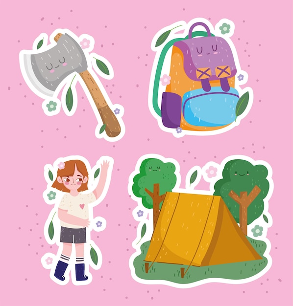 캠핑, 소녀 도끼 텐트 및 만화 스타일의 배낭